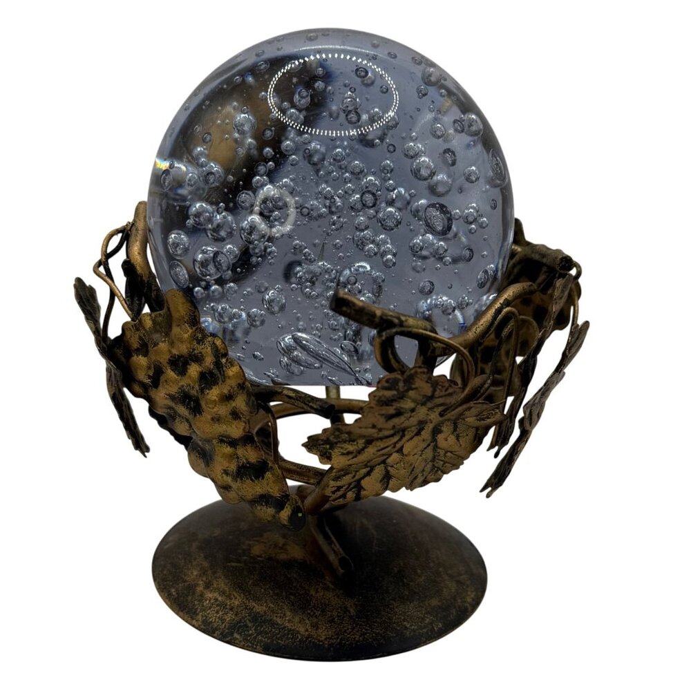 Vtg Gold Grape Vine‎ Themed Sphere Crystal Ball Stand Orb Stand Crystal Display